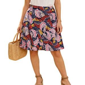 Boden Floral Butterfly Paisley A-Line Skirt in Navy, Pink, Yellow and Red